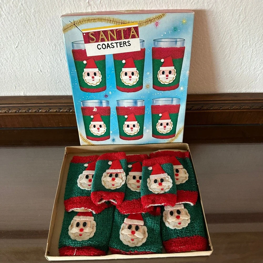 Vintage Santa Coasters Set of 8 Knit Fabric Glass Huggers Red Green Christmas